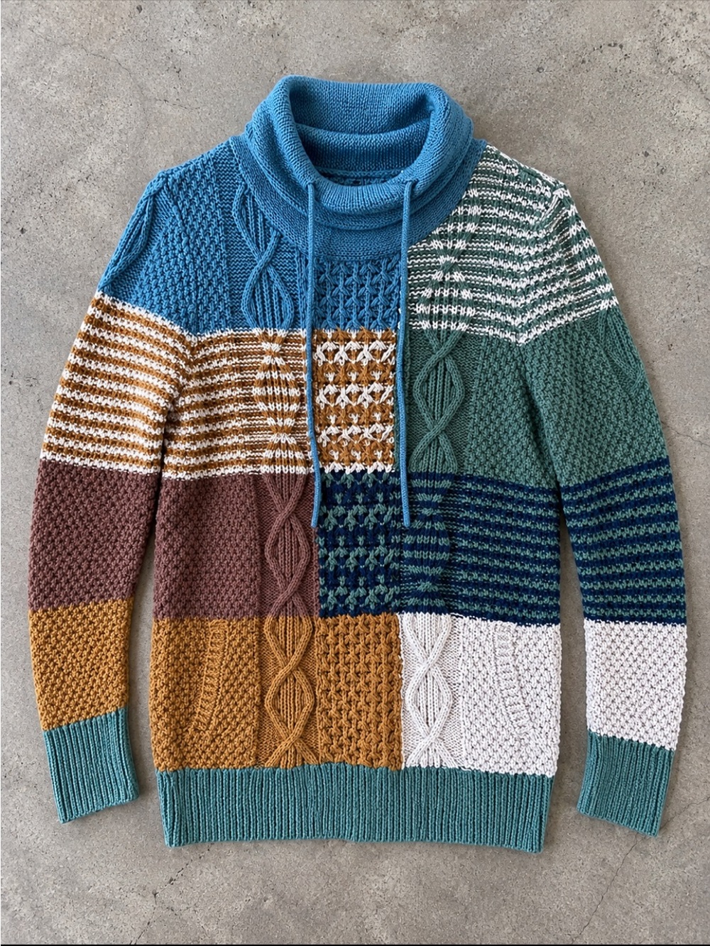 L.L. Bean Signature Patchwork Cable Knit Cowl Neck Sweater 100% Cotton Small NEW